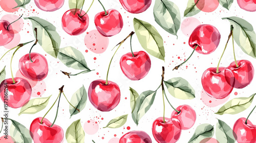 Watercolor red cherries on white background seamless vector pattern	