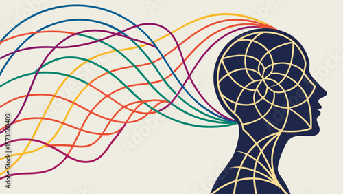 Stylized head profile with geometric pattern and colorful wave lines emanating from the head