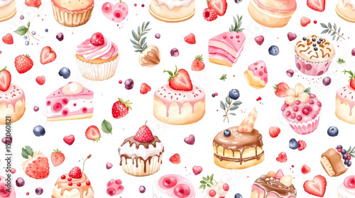 Watercolor Sweet desserts pattern on white background

