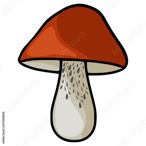 A charming vector illustration of a single red-capped scaber stalk mushroom with a speckled stem, featuring a unique hand-drawn style and earthy color palette, ideal for autumn-themed designs.