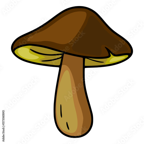 A charming vector illustration of a single cartoon bay bolete or moss mushroom with a brown cap and a yellowish-brown stem, showcasing a playful and whimsical style.