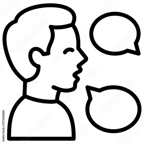 Verbal Communication Outline Vector Design - side-profile person speaking with floating speech bubbles, indicating conversation or discussion