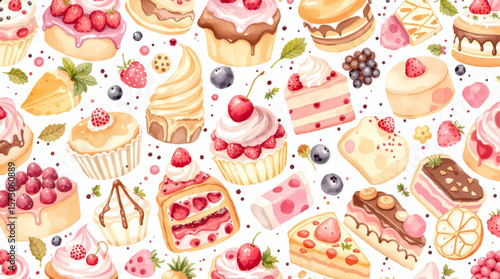 Watercolor Sweet desserts pattern on white background
