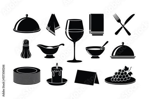 Dining service elements including covered dishes wine glass cutlery salt shaker gravy boat bowl plates candle