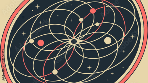 Abstract depiction of planetary orbits with stars and concentric oval shapes design element