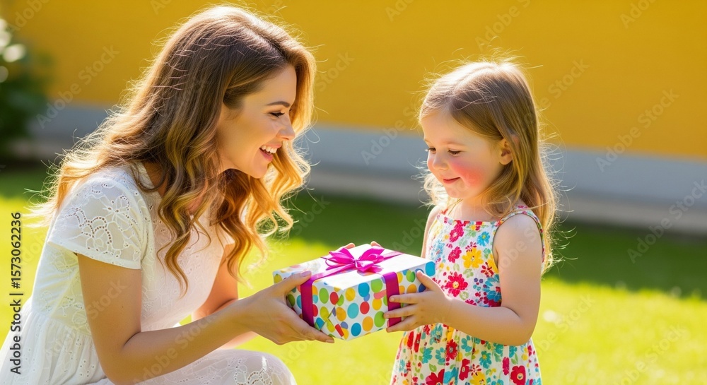 A mother is giving gift to her little daughter