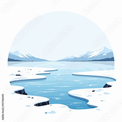 Winter landscape with icy river and snow-covered mountains  