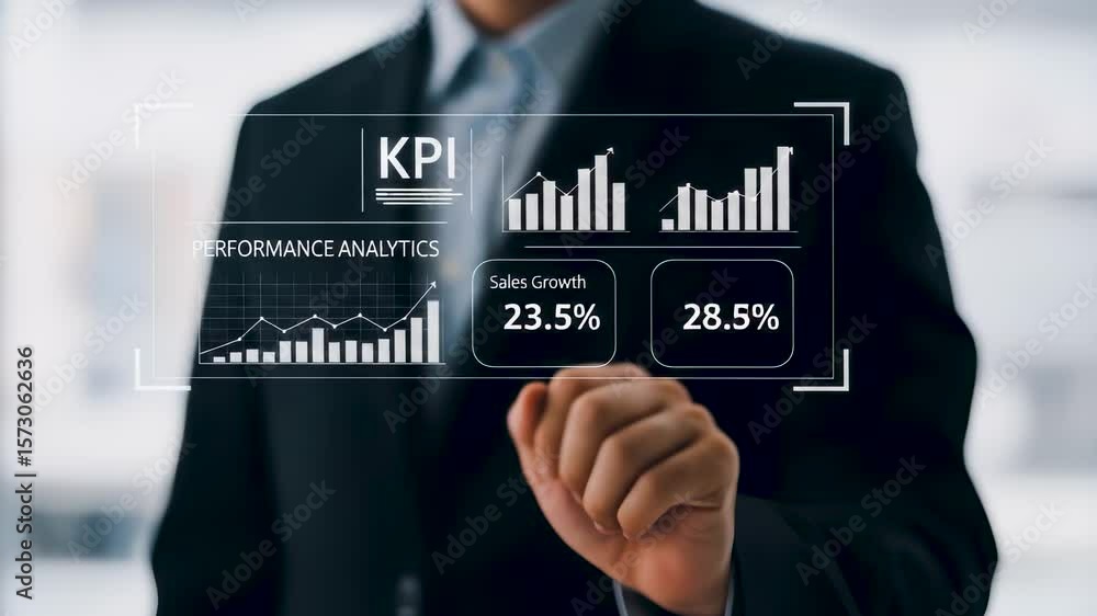 Business professional using KPI dashboard with AI-driven performance analytics, showing sales growth and data insights for strategy financial planning and operational improvement corporate.