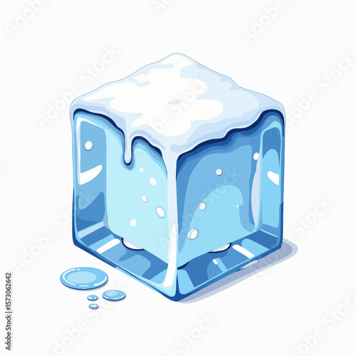 Ice cube with melting edges and water droplets on white background  