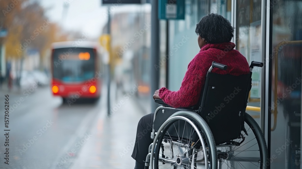 Obraz premium Person in wheelchair waiting for bus at city stop on rainy day, showcasing urban accessibility and public transport for individuals with disabilities.