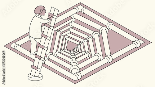 Person climbing ladder into square tunnel with receding perspective and repeating square frames design