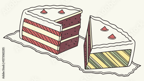 Illustration of two cake slices with different fillings on a decorative plate with red toppings on top
