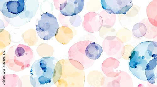 Horizontal watercolor seamless pattern with bubles and circles. Abstract geometric pattern. Colorful hand painted watercolor circles on white background