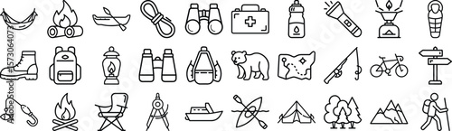 Camping outdoor adventure icon line vector set, Eco tourism icons tent backpack campfire compass hiking boots map lantern sleeping bag travel