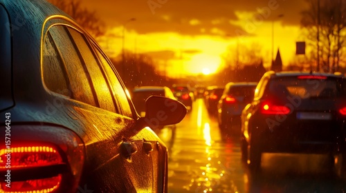 As the sun sets, vibrant golden light filters through the windshield of a car caught in traffic
