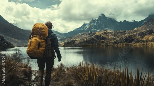 A solitary backpacker commences a journey through the rugged terrain of the mountains, seeking solace and wonder amidst the majestic peaks and serene waters of the valley