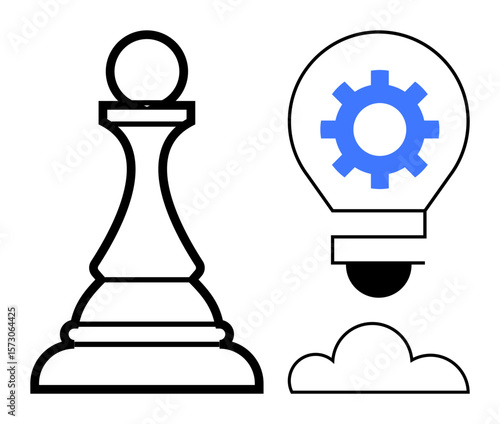 Chess pawn symbolizing strategy alongside a gear-filled lightbulb above a cloud for innovation and teamwork. Ideal for business, creativity, planning, problem-solving, competition, success
