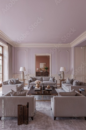 Spacious living room with soft purple background