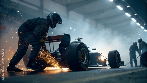 Formula 1 Mechanic Working on Race Car in Pit Garage with Sparks and Team