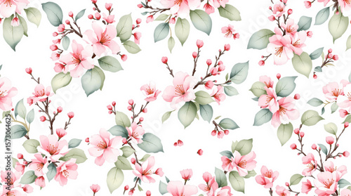 Beautiful seamless pattern with watercolor gentle pink flowers. Stock illustration	