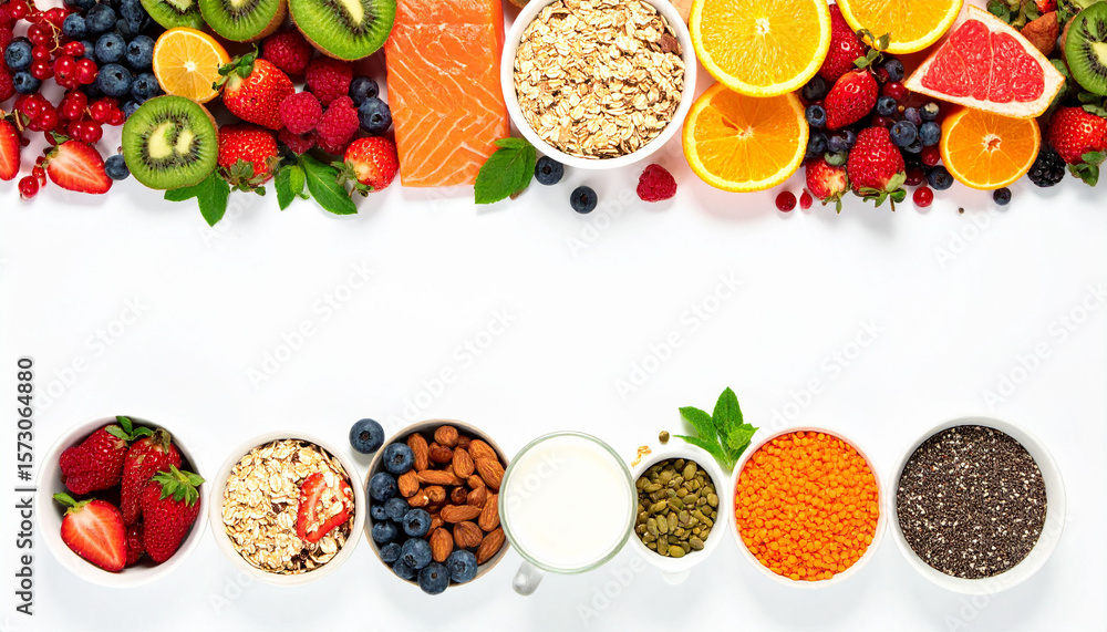 the image displays an assortment of fresh foods on a white background. along the top, there is a variety of berries, a green fruit cut in half, slices of a citrus fruit, and a fillet of fish the image displays an assortment of fresh foods on a white background. along the top, there is a variety of berries, a green fruit cut in half, slices of a citrus fruit, and a fillet of fish