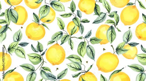 Lemon seamless border fruit illustration, cute citrus watercolor digital file on a white background close up