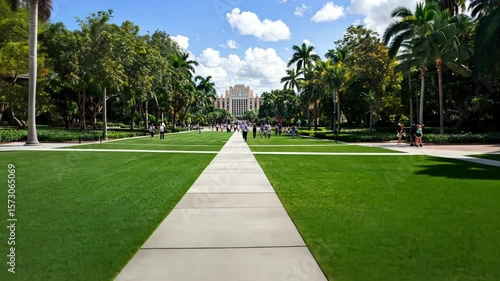 Wallpaper Mural A lively park setting with people walking along well-maintained pathways, surrounded by lush greenery and tall palm trees under a blue sky Torontodigital.ca