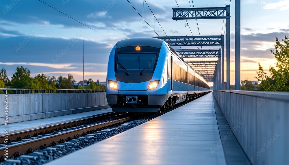 Naklejka premium Modern Passenger Train Arriving at Station Platform at Dusk