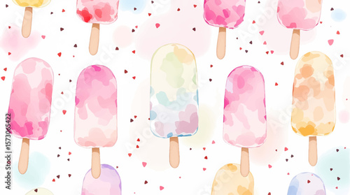 Watercolor pattern ice cream white background	