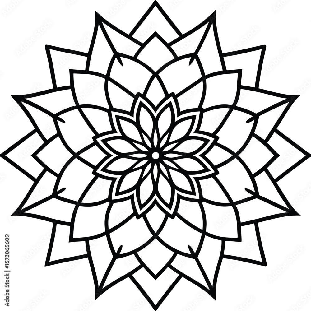 Black outline intricate star design with geometric floral pattern radiates from the center Black outline intricate star design with geometric floral pattern radiates from the center