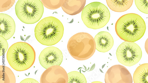 Watercolor kiwi pattern on white background
