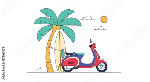 Tropical vacation vibes scenic beach scene with palm tree surfboard and retro scooter under sunny sky