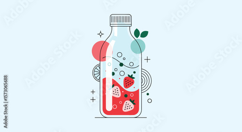 Refreshing beverage illustration featuring fresh fruit infusions and bubbles for a healthy drink experience