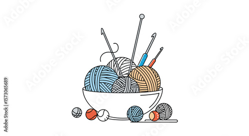 A charming collection of colorful yarns and knitting needles presented in a delightful artistic illustration for craft enthusiasts
