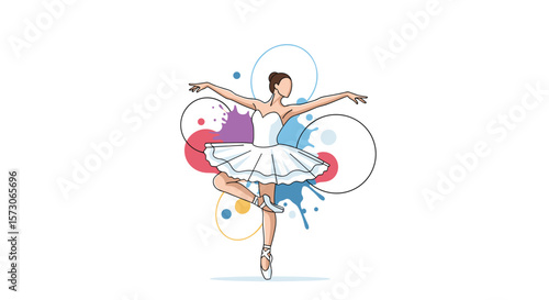 Elegant ballerina dancer in a white tutu performing a graceful ballet pose with colorful splashes and circles background art