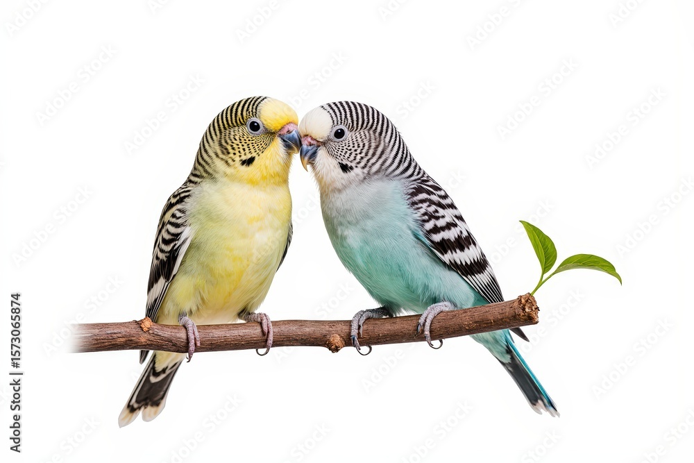 Fototapeta premium Lovebirds Serenade: A tender embrace of two vibrant lovebirds, perched elegantly on a slender branch, their beaks gently touching in a moment of shared affection.