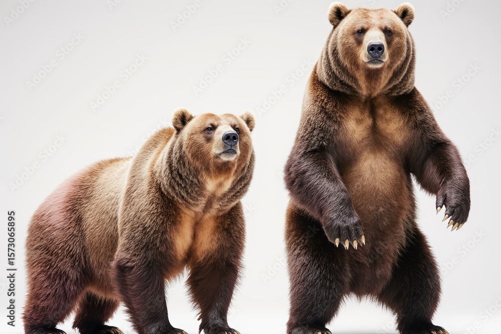 Obraz premium Majestic Bear Duo: Two powerful brown bears stand tall, showcasing their imposing size and captivating gaze against a neutral backdrop. Revealing the raw power and beauty of the wild.