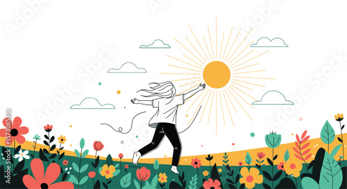 Happy person dancing joyfully in a vibrant flower field under a bright sunny sky