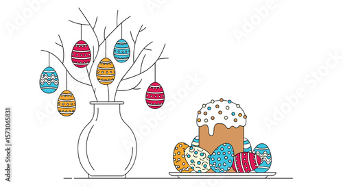 Festive easter celebration with decorated eggs and traditional sweet bread in a springtime setting