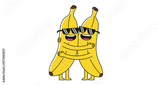 Two cool bananas wearing sunglasses hugging each other happily together