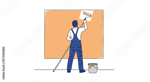 Professional painter applying a fresh coat of paint to a wall with a roller while standing on a ladder and a bucket of paint nearby