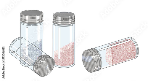 A collection of vintage salt and pepper shakers with metal lids and glass bodies filled with seasonings