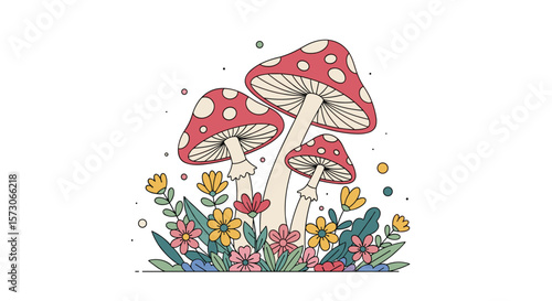 Whimsical woodland mushrooms and wildflowers illustration full of enchantment