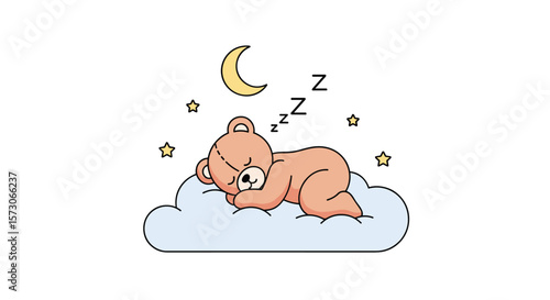 Cute teddy bear sleeping peacefully on a fluffy cloud under the crescent moon with stars twinkling above