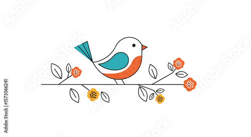 Charming little bird perched on a delicate branch with blossoming flowers and leaves