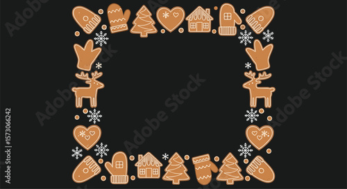 Festive holiday gingerbread cookie border with snowflakes and winter animals perfect for seasonal greetings and decorations