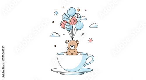 Adorable teddy bear floating upwards in a teacup held by balloons a whimsical and dreamy illustration