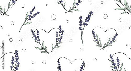 Beautiful lavender heart pattern with delicate floral elements and subtle circles on a clean white background for romantic designs