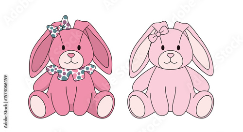 Two adorable pink stuffed bunny rabbits with dotted line stitching and bows one with a patterned collar for a sweet nursery decor or gift idea
