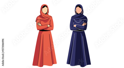 Two muslim women standing proudly in traditional islamic clothing displaying modesty and cultural heritage